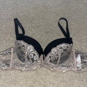 Black and pink lace padded push up bra with bow